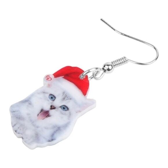 Santa Kitty Cat Earrings Christmas Grey White - Picture 2 of 4